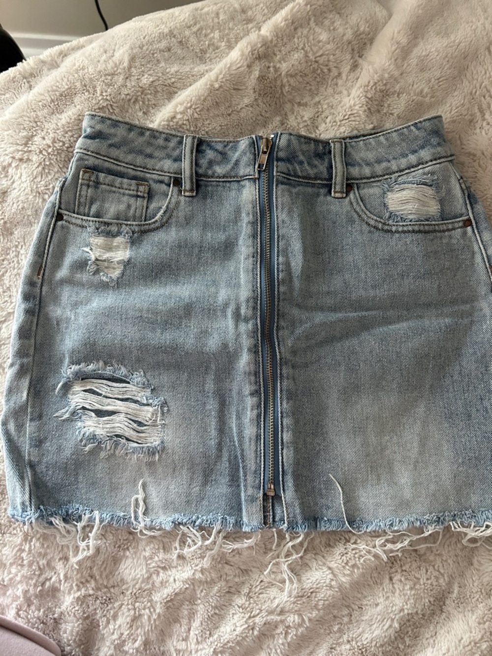 PacSun Light Blue Distressed Denim Mini Skirt with Center Zip
